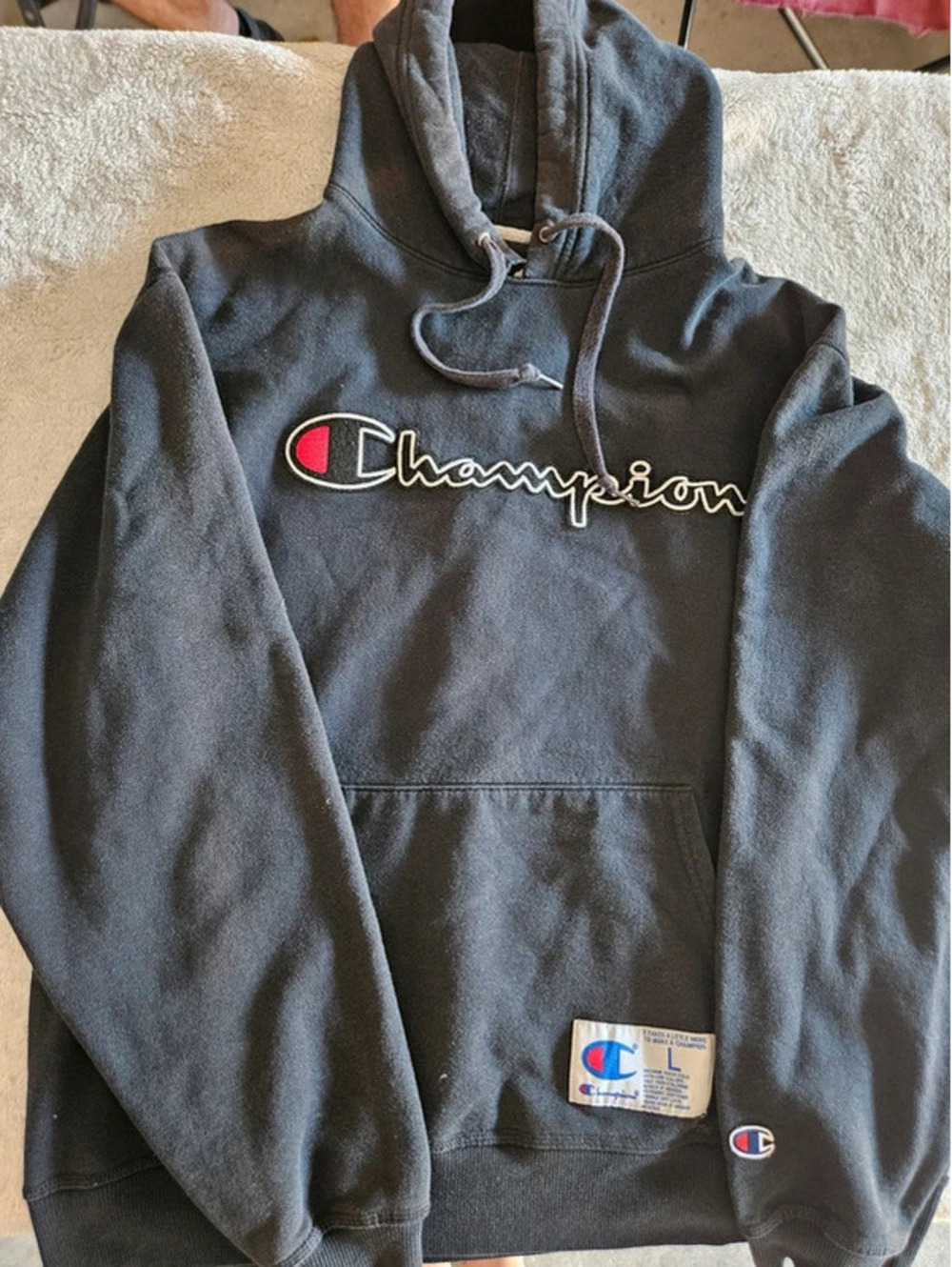 Champion Authentic Men's Large Black Drawstring Hoodie Label Patch